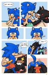 absurd_res anthro anus arrow_hearted ass barefoot beach comic dialogue duo feet food hi_res male male/male nipples pawpads popsicle popsicle_melting seaside sega shadow_the_hedgehog sonadow sonic_(series) sonic_the_hedgehog sonic_the_hedgehog_(series) speech_bubble