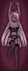 bedroom_eyes clothing dakimakura_design dakimakura_pose dakimakura_style demon female hazbin_hotel hi_res humanoid legwear lingerie poopi_art seductive seductive_gaze seductive_look solo stockings straight_hair tagme underwear vaggie_(hazbin_hotel)