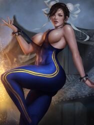 1girls abs areolae blue_eyes bodysuit breasts brown_hair bun_cover chun-li female fighting_game fit_female hair_buns nipples see-through_clothing shurakrgt skin_tight solo solo_female street_fighter street_fighter_iv street_fighter_v video_game_character video_games