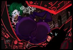 2boys akanbe annoyed_expression ass batman batman_(series) big_ass big_butt butt_on_glass clothed clown dc dc_comics digital_media_(artwork) dot_eyes duo femboy gay green_hair hi_res highres huge_ass interior joker kojoarts laughing male male/male male_only mocking naughtypaw_(artist) pressed_on_glass pressing_ass_on_screen red_lipstick sharp_teeth sitting sitting_on_glass superhero supervillain sweatdrop tattoo the_lego_batman_movie ttherandom tthrandom tthrandom_rp twitch_lines villain