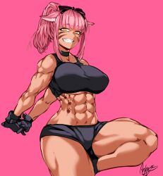 abs antares_topaz catgirl dark-skinned_female final_fantasy final_fantasy_xiv flexing kemonomimi miqo'te muscular_female pink_hair ponytail rumi_usada sharp_teeth shorts tank_top tattoo thighs