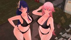 2girls 3d bleached bleached_clothing bleachedartoria clothing condom condom_between_breasts genshin_impact koikatsu large_breasts looking_at_viewer pink_hair purple_hair queen_of_hearts raiden_shogun smile yae_miko