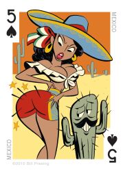 1girls 54_international_cuties angry ass bill_presing brown_skin butt_pinch butt_slap cactus curly_hair dark-skinned_female dark_skin desert in_pain latin_america latina living_object mexican mexico moustache national_personification pinup playing_card short_skirt shoulderless_topwear smirking sombrero spanking thorns tied_shirt