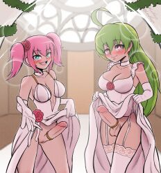 2futas balls blue_eyes blush bottomless breasts clothed clothing cock_ring dress dress_lift duo elbow_gloves erection flower_in_hair futa_only futa_sans_balls futanari futanari_girls_(wikipedia) gloves green_hair human light-skinned_futanari light_skin long_hair lordguyis mostly_clothed penis pink_hair reaching_out red_eyes standing thighhighs twintails wedding wedding_cock_ring wedding_dress wedding_lingerie wedding_ring wikipedia