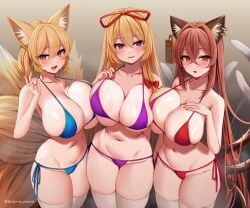 3girls absurd_res aged_up amber_eyes animal_ears artist_signature asymmetrical_docking big_breasts bikini blonde_hair blush brown_hair chen cleavage curvy ear_ring female female_only fox_ears fox_tail hair_ribbon hand_on_breast hi_res huge_breasts large_breasts long_hair looking_at_viewer marota_(imyme_maro) micro_bikini nail_polish navel pressing_breasts_together purple_eyes ran_yakumo red_eyes short_hair simple_background smile sweat sweatdrop take_your_pick thick_thighs thighhighs touhou white_thighhighs yukari_yakumo