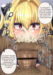 1boy 1girls :>= blonde_hair blowjob_face blush breasts censored cheek_bulge cum cum_in_mouth dark-skinned_male deepthroat eyes_rolling_back fellatio femsub golden_darkness hair_intakes hair_ornament huge_cock interracial konjiki_no_yami maledom ninopal oral penis principal_(to_love-ru) pubic_hair public public_use red_eyes slave small_breasts spread_legs squatting stray_pubic_hair surprised text thigh_band throat_bulge throat_fuck to_love-ru translated very_long_hair