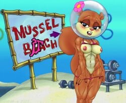 2d abs bikini breasts furry helmet mainnm-e muscle muscular_female presenting sandy_cheeks solo spongebob_squarepants spongebob_squarepants_(character) squirrel straight_hair