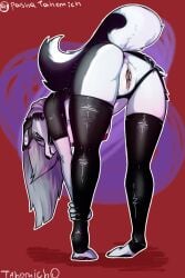 anthro breasts canid canine canis clothing female fur furry genitals hair helluva_boss hi_res loona_(helluva_boss) mammal pussy red_eyes red_sclera solo tahomich0 white white_body white_fur wolf