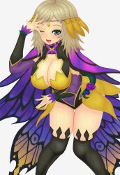 1girls ;d alternate_costume ass_visible_through_thighs bare_thighs blonde_hair breasts cleavage fairy_wings female female_only fire_emblem fire_emblem_fates fire_emblem_heroes gesture grey_eyes large_breasts long_hair looking_at_viewer nintendo official_alternate_costume one_eye_closed open_mouth ophelia_(fire_emblem) roaamuje smile solo thick_thighs thighhighs thighs wings wink