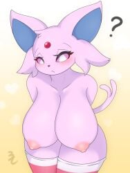 2022 3:4 3cir_cle absurd_res anthro anthrofied areola big_breasts blush breasts canid cute_fangs eeveelution espeon female fur hi_res huge_breasts kemono looking_at_viewer mammal nintendo nipples pink_body pink_fur pokémon_(species) pokémorph pokemon question_mark solo thick_thighs translated_description video_games