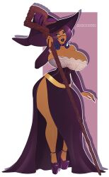 big_breasts breasts costume dark-skinned_female elsbeth_blackheart heels high_heels kokobuttz sorceress staff thick_thighs thighs witch witch_hat