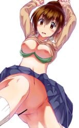 blush bra bra_down brown_eyes brown_hair censored female green_bra hetare_(pixiv) huge_breasts no_panties open_mouth school_uniform seitokai_yakuindomo short_hair skirt socks solo