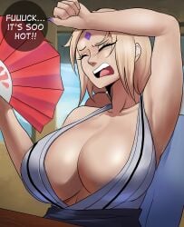 1girls 2023 absurd_res armpits arms_up blonde_hair breasts cleavage closed_eyes dialogue echosaber english_text fan fanning_self fat_breasts female female_only flat_belly forehead_mark hi_res holding_object huge_breasts long_hair mature_female milf naruto naruto_(series) naruto_shippuden solo text tsunade