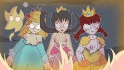 2022 aged_up artist_request black_hair blonde_hair breasts burnt_clothes cosplay crown don't_starve don't_starve_together dont_starve dont_starve_together drawinecchi dress fire jewels klei_entertainment mario_(series) patreon_reward princess_daisy_(cosplay) princess_peach_(cosplay) princess_rosalina_(cosplay) red_hair self_upload wallpaper wendy_(don't_starve) wigfrid willow_(don't_starve)