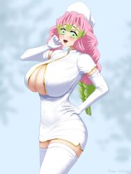 alternate_costume big_breasts blush boob_window braided_hair cleavage cleavage_cutout cleavage_overflow demon_slayer elbow_gloves female female_only gloves green_eyes hand_on_hip huge_breasts kanroji_mitsuri kding kimetsu_no_yaiba long_hair looking_at_viewer mole_under_eye nurse nurse_cap nurse_uniform open_mouth pink_hair smile solo thighhighs two_tone_hair white_gloves white_legwear white_thighhighs