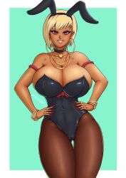 1girls barely_contained bob_cut bunny_ears bunnysuit dark-skinned_female female female_focus female_only hoop_earrings hoop_earrings_oversized huge_breasts solo_female tanned tanned_skin zerock69