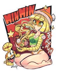 1girls arms_(game) barefoot blonde_hair bob_cut bottomless chopsticks cleavage eating feet female gerph hat min_min_(arms) nintendo noodles panties ramen soles toes