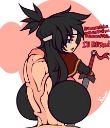 ass big_ass big_butt big_hair big_penis black_hair blue_eyes buddy_armstrong english_text lisa_(series) lisa_the_joyful lisa_the_painful long_hair penis penis_out penis_under_clothes poncho ponytail sword text the_yeager white_body white_skin