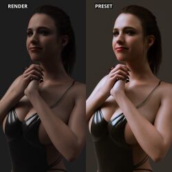 1girls 3d big_breasts blue_eyes brown_hair cleavage comparison death_stranding female female_only light_skin looking_at_viewer mama_(death_stranding) pale-skinned_female rdaughterdaz sideboob solo solo_female