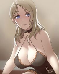 alternate_costume black_swimsuit blonde_hair blue_eyes breasts brown_swimsuit ciderwrath cleavage female female_only fire_emblem fire_emblem:_three_houses fire_emblem_warriors fire_emblem_warriors:_three_hopes large_breasts looking_at_viewer medium_hair mercedes_von_martritz nintendo one-piece_swimsuit solo