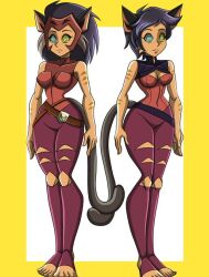 ass_loving_cat blue_eyes bushy_hair cat_ears cat_stripes cat_tail catgirl catra cleavage clothing dark_hair female female_only freckles heterochromia hypnosis long_hair red_clothing she-ra_and_the_princesses_of_power short_hair skinny_waist sleeveless sleeveless_shirt solo solo_female standing_straight straight_hair stripes swirly_eyes thick_thighs toes wide_hips yellow_eye