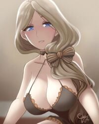 alternate_costume black_swimsuit blonde_hair blue_eyes breasts brown_swimsuit ciderwrath cleavage female female_only fire_emblem fire_emblem:_three_houses hair_over_shoulder large_breasts long_hair looking_at_viewer mercedes_von_martritz nintendo one-piece_swimsuit side_ponytail solo