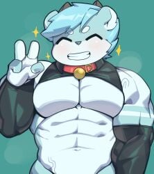 anthro berseepon09 big_muscles blue_fur collar furry male_only muscular_male peace_sign shota_deer_(berseepon09) shota_deer_(character) slight_blush smile sparkles tagme v veiny_muscles