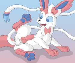 animal_genitalia animal_penis balls canine_penis eeveelution erection feral genitals hi_res knot male male_only nintendo penis pink_body pokémon_(species) pokemon raised_leg ribbons skateryena solo sylveon video_games white_body