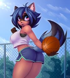 2020s 2021 anthro ball basketball_(ball) blue_hair bottomwear brand_new_animal brown_body brown_fur canid canine clothing digital_media_(artwork) dolphin_shorts female fur hair hi_res looking_at_viewer mammal michiru_kagemori netflix open_mouth pony-way raccoon_dog shaded shorts side_slit solo studio_trigger tanuki tomboy