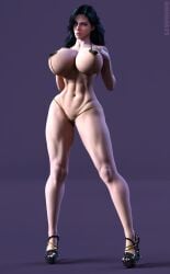 3d abs absurdres bikini bimbo black_hair breasts colored_skin heels high_heels highres huge_ass huge_breasts large_ass large_breasts lewdink lips looking_at_viewer mature_female micro_bikini milf muscular original pale_skin platform_heels purple_background purple_eyes ribs skimpy skimpy_clothes swimsuit the_witcher_(series) thong toned white_skin yennefer