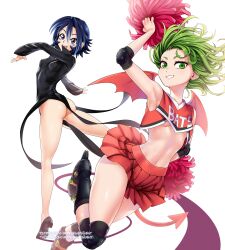 2girls alternate_costume alternative_costume ass bare_shoulders black_dress black_footwear blue_eyes blue_hair breasts cheerleader cheerleader_uniform clothing cosplay costume_switch crossover curly_hair demon_tail demon_wings dress eyeshield_21 female female_only footwear green_eyes green_hair high_heels high_resolution knee_pads looking_at_viewer matching_hair_and_eye_color minidress miniskirt multiple_girls one-punch_man pleated_skirt pom_poms revealing_clothes roller_skates sereneandsilent shoes short_hair simple_background skates skirt sleeveless small_breasts smile taki_suzuna tatsumaki tatsumaki_(cosplay) underboob very_high_resolution white_background