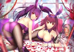 2girls big_breasts bunny_ears bunnysuit fate/grand_order fate_(series) female mishiro purple_hair red_eyes scathach_(fate) scathach_(piercing_bunny)