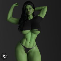 1girls 3d 3d_(artwork) abs big_breasts black_background black_clothing black_hair celebrity crop_top female female_only gm_studios green-skinned_female green_eyes green_skin hourglass_figure huge_breasts hulk_(series) large_breasts looking_at_viewer marvel marvel_comics navel panties pinup_pose pose posing revealing_clothes she-hulk she-hulk:_attorney_at_law simple_background skimpy smile solo solo_female tatiana_maslany thick_thighs thong toned toned_female underboob