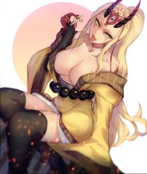 1girls 2022 aged_up blonde_hair blush breasts demon demon_girl facial_markings fate/grand_order fate_(series) female female_only gold_eyes horns ibaraki_douji_(fate) kimono large_breasts long_hair naughty_face oni oni_horns open_kimono pointy_ears ponytail satou_daiji simple_background thick_thighs thighhighs thighs tongue tongue_out