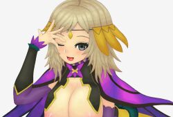 1girls alternate_costume areolae blonde_hair breasts breasts_out cleavage female female_only fire_emblem fire_emblem_fates fire_emblem_heroes gesture grey_eyes large_breasts long_hair looking_at_viewer nintendo official_alternate_costume open_mouth ophelia_(fire_emblem) roaamuje smile solo upper_body white_background