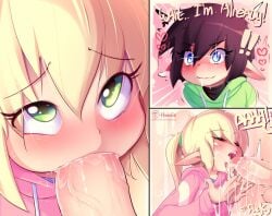 2boys big_penis blowjob blush bottomless cum cum_in_mouth dialogue ejaculation english_text erect_nipples erection fellatio femboy femboy_on_femboy gay girly hoodie hoodie_(artist) humanoid humanoid_penis male male_only max_(hoodie) oral orgasm original penis text vick_(hoodie)