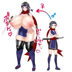 ass ass_expansion before_and_after black_hair blue_eyes blush blushing breast_expansion child_bearing_hips embarrassed erect_nipples exposed_breasts female gender_bender gender_transformation genderswap headband holding_weapon huge_ass huge_breasts jiggle katana larger_female mtf_transformation nervous ninja nipples ohitsuji original red_scarf scarf shiny_skin shivering short_hair skindentation smaller_male smooth_skin thick_thighs thigh_expansion thighhighs tight_clothes tight_clothing topless transformation wide_hips