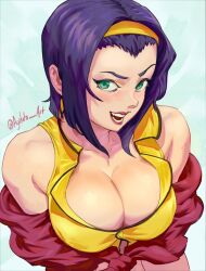 1girls agitato artist_signature blush breasts cleavage cowboy_bebop faye_valentine female female_only green_eyes hairband human large_breasts looking_at_viewer medium_hair pale-skinned_female pale_skin purple_hair red_lipstick short_hair smiling smiling_at_viewer solo solo_female solo_focus upper_body