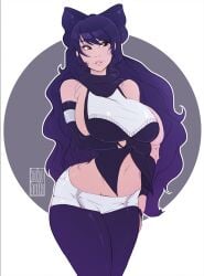 big_breasts blake_belladonna bow clothed dark_blue_hair kokobuttz rwby sideboob skimpy_clothes yellow_eyes