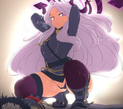 1girls arms_behind_head blue_archive boots gehenna_academy_student hands_behind_head head_prefect_(blue_archive) hina_(blue_archive) horns long_hair mole mole_on_pussy prefect_team_(blue_archive) purple_eyes sorasaki_hina squatting thick_thighs thighhighs thighs woohyoot