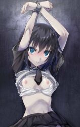 arms_up black_hair blue_eyes blush bondage chained_up chained_wrists chains hetare_(pixiv) medium_breasts ninja_slayer school_uniform serious short_hair skirt white_bra yamoto_koki