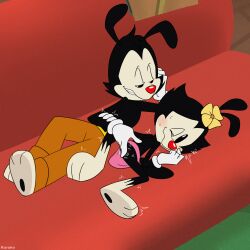 animaniacs animaniacs_(2020) anthro blush brother_and_sister cub dot_warner female furry genitals incest inkblot kuruko male male/female mammal pussy pussy_rubbing red_nose upskirt yakko_warner young