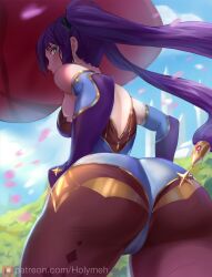 1girls 2022 ass ass_focus ass_shot back back_view black_hair breasts bubble_butt female female_only genshin_impact green_eyes hat highleg_leotard holymeh huge_ass large_hat leggings leotard looking_at_viewer looking_back medium_breasts mona_(genshin_impact) outdoors purple_leotard thick_thighs thighs tight_clothing tight_fit tights twintails witch_hat