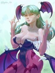 1girls agitato arm_sleeves bat_print capcom cleavage clothing darkstalkers demon_wings female female_only green_eyes green_hair head_wings hi_res large_breasts leotard long_hair looking_at_viewer morrigan_aensland pantyhose pink_pantyhose pose solo solo_female succubus wings