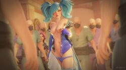 2girls 3d 3d_(artwork) blue_eyes blue_hair breasts crowd embarrassed embarrassed_nude_female enf evie_(paladins) female jineisho maeve_(paladins) male medium_breasts multiple_boys multiple_girls paladins panties panties_down partially_clothed partially_clothed_female public public_nudity undressing watermark