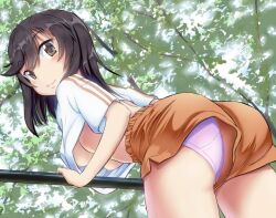 2020s 2022 areolae ass black_eyes black_hair blush breasts closed_mouth dolphin_shorts female hetare_(pixiv) ichijou_hotaru leaf leaning_against_railing leaning_forward long_hair looking_at_viewer looking_back medium_breasts nipples no_bra non_non_biyori orange_bottomwear outdoors panties pink_panties railing side_slit smile solo t-shirt tomboy tree underboob underwear upshirt upshorts