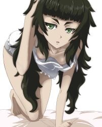 :o accidental_exposure all_fours areolae bangs bed breasts clothing down_blouse female female_only female_solo frilled_shirt frills green_eyes green_hair hand_on_head hetare_(pixiv) high_resolution hiyajou_maho long_hair loose_clothes messy_hair nightgown nipples no_bra on_bed petite shirt sleepwear small_breasts smaller_male solo steins;gate