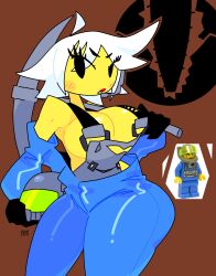 1girls 2d big_breasts bourbunbun breasts clothed clothing female female_focus female_only highres holding_helmet holding_object holding_pickaxe lego overalls rock_raiders short_hair solo solo_female tagme thick_thighs thighs white_hair wide_hips yellow_skin