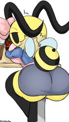 annabee_(woebeeme) bee black_eyes bored clothed clothed_female clothing female female_only nub_feet solo solo_female stinger table tablet viewed_from_behind woebeeme