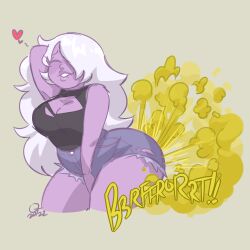 1girls amethyst_(steven_universe) biting_lip bubble_butt cartoon_network chubby cleavage clothing fart fart_cloud fart_fetish female female_only gem_(species) huge_breasts lips long_hair pose purple_body purple_hair purple_skin short_shorts shorts steven_universe tenuousoddity thick_thighs wide_hips